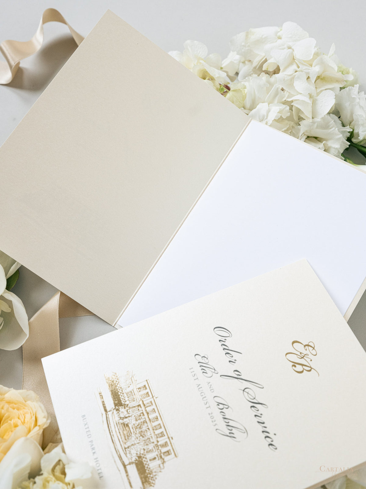 Order Of Service with Bespoke Venue Sketch In Gold Foil