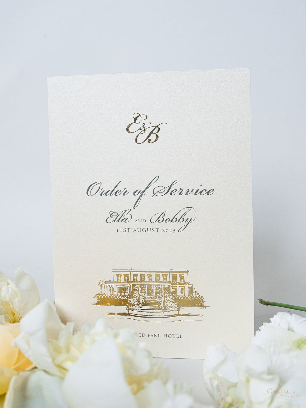 Order Of Service with Bespoke Venue Sketch In Gold Foil