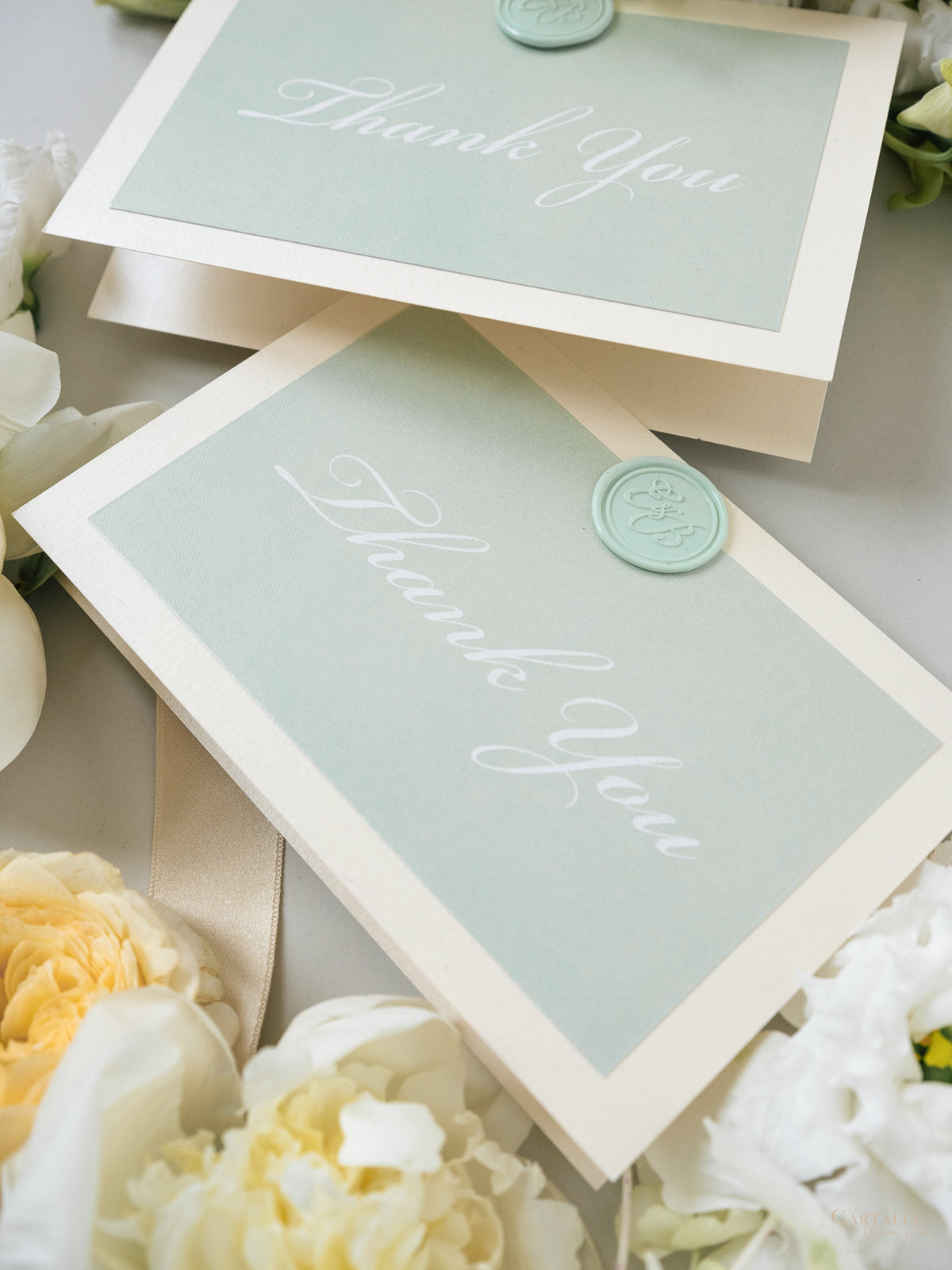 Sage Green & Champagne Thank You Cards with Bespoke Wax Seal