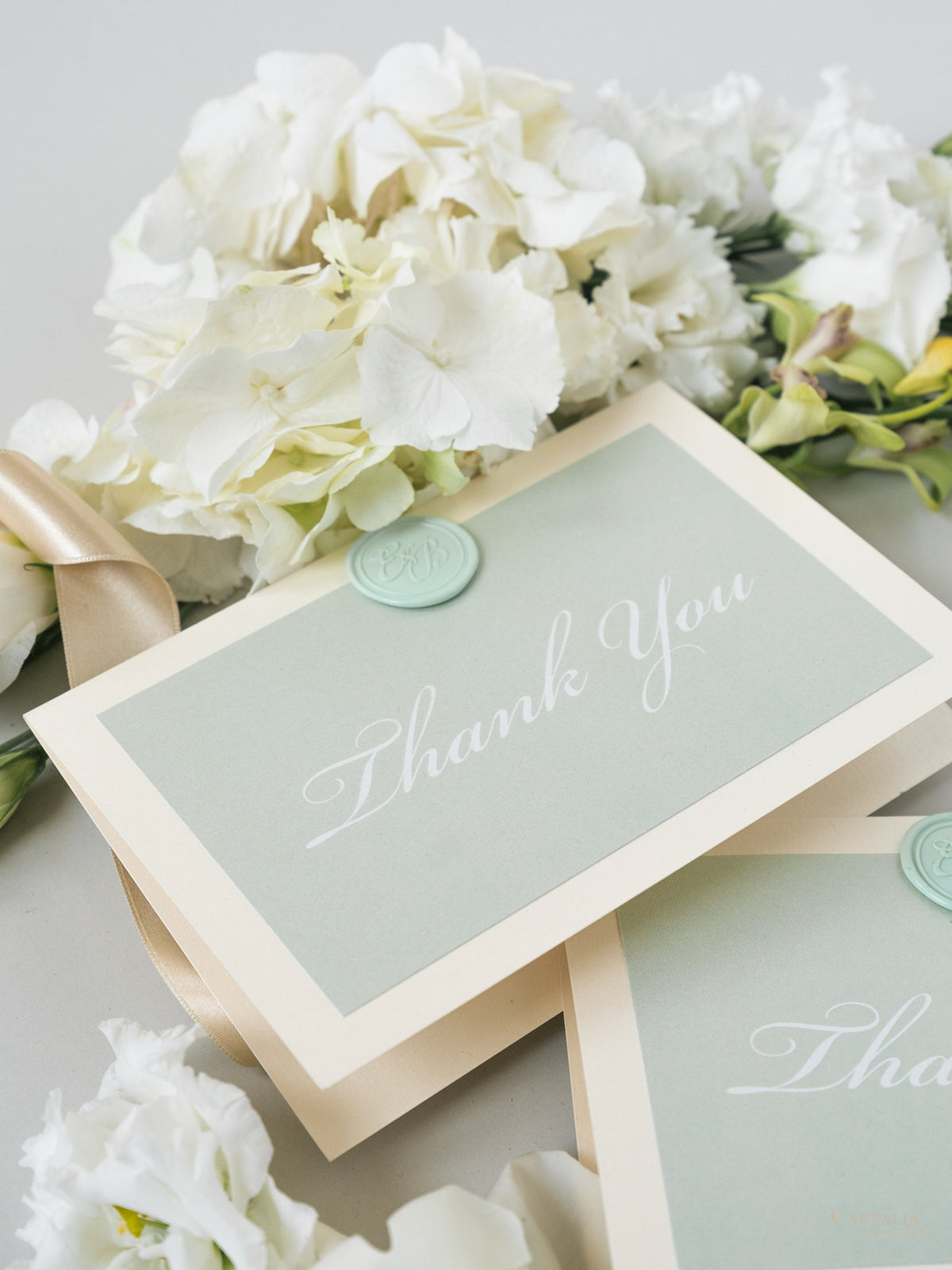 Sage Green & Champagne Thank You Cards with Bespoke Wax Seal