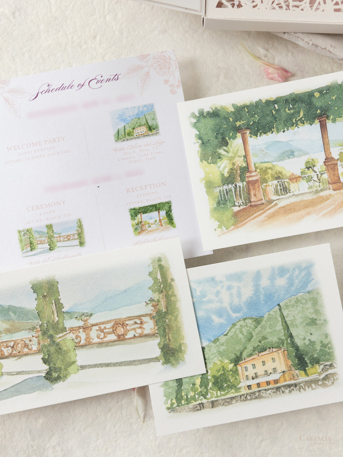 Invitation de mariage du lac Como | Villa del Balbianello | Couture 3D Box | Commission sur mesure L&P