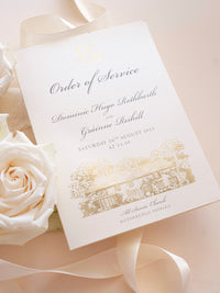 Order Of Service with Bespoke Venue Sketch In Gold Foil