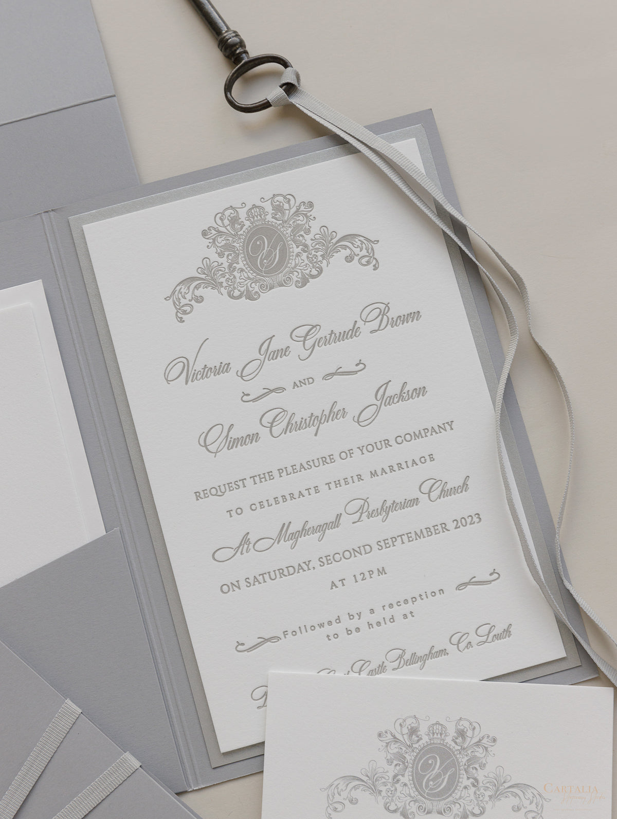 Luxury 710gsm Letterpress Folder Pocket Invitation Suite with Mirror Tag and Bow Tied Ribbon