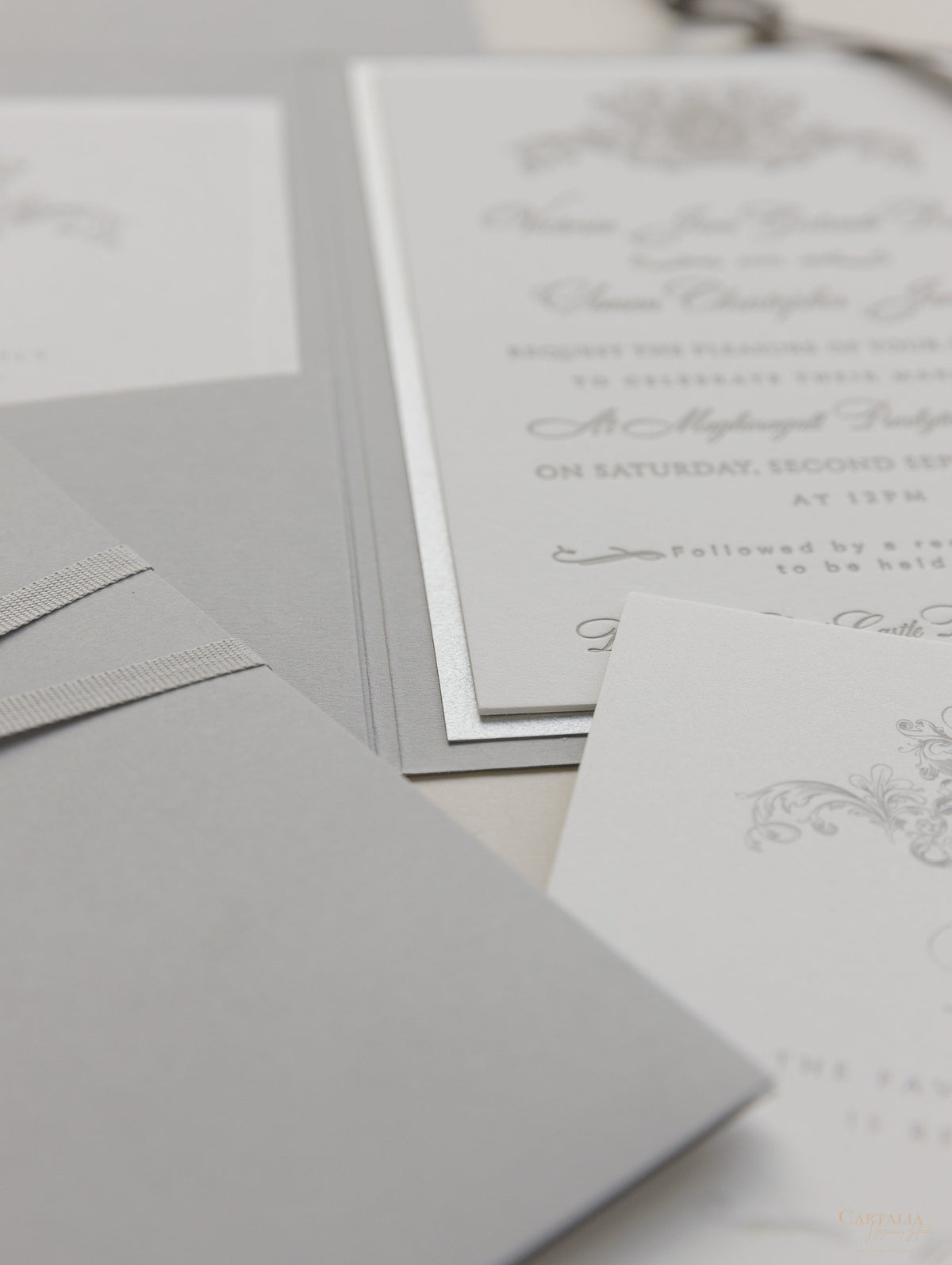 Luxury 710gsm Letterpress Folder Pocket Invitation Suite with Mirror Tag and Bow Tied Ribbon