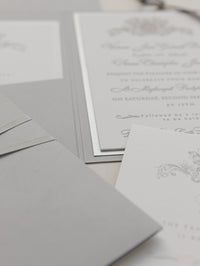 Luxury 710gsm Letterpress Folder Pocket Invitation Suite with Mirror Tag and Bow Tied Ribbon