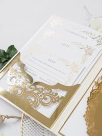 Luxury Gold Mirror & Champagne Boxed Invitation Suite with Venue Sketch in Foil | Bespoke Commission M&O