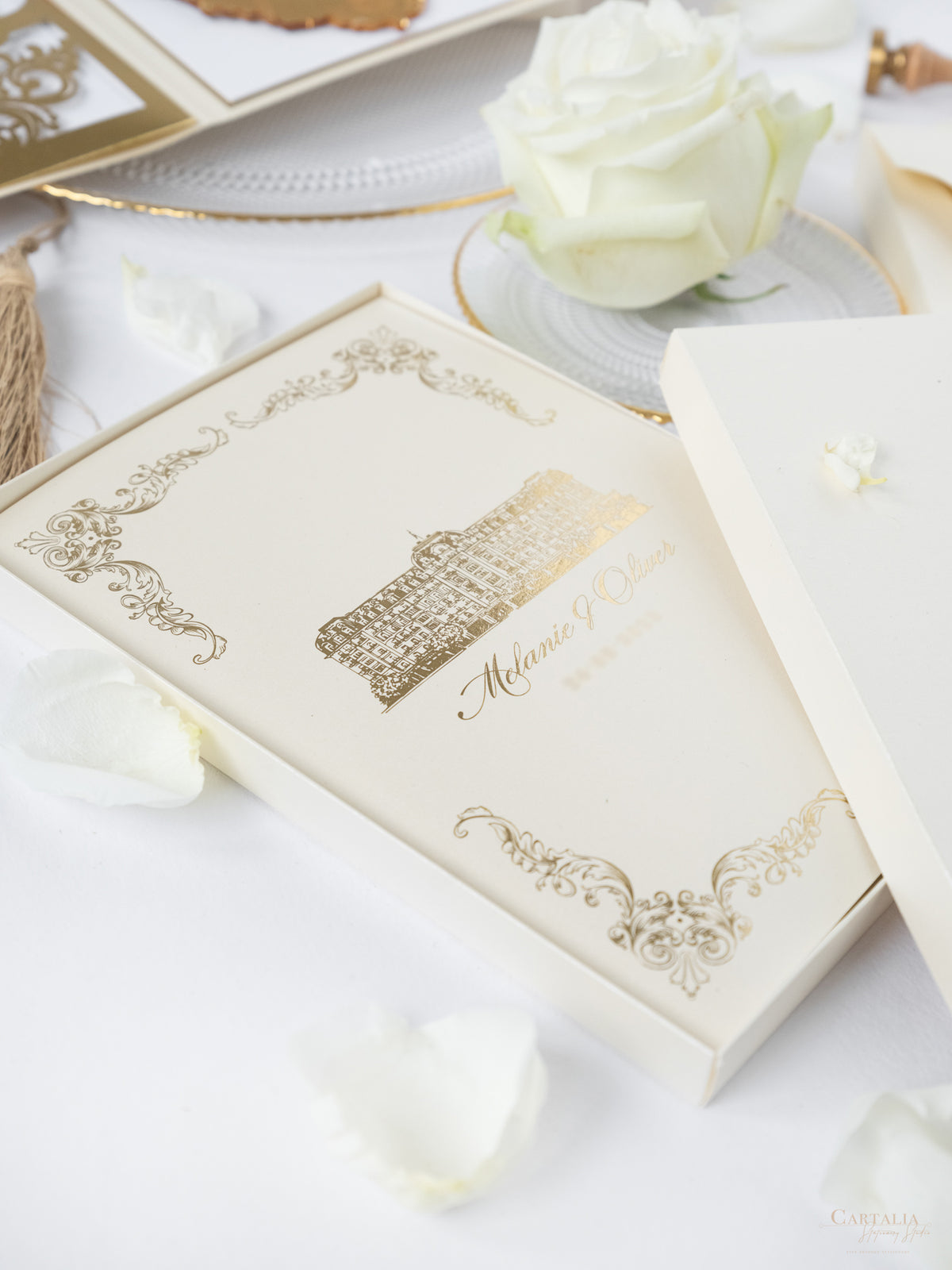 Luxury Gold Mirror & Champagne Boxed Invitation Suite with Venue Sketch in Foil | Bespoke Commission M&O