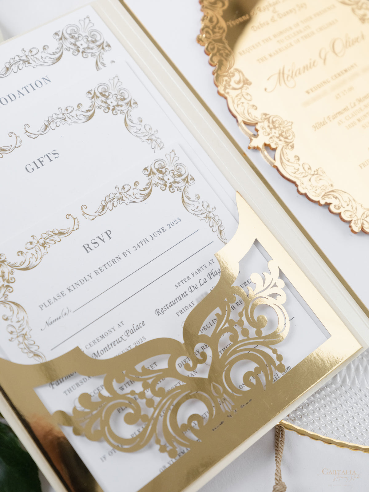 Luxury Gold Mirror & Champagne Boxed Invitation Suite with Venue Sketch in Foil | Bespoke Commission M&O