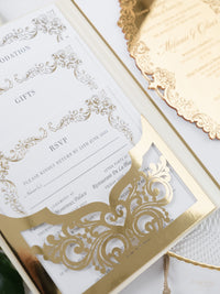 Luxury Gold Mirror & Champagne Boxed Invitation Suite avec des esquisses de lieux en feuille | Commission sur mesure M&O