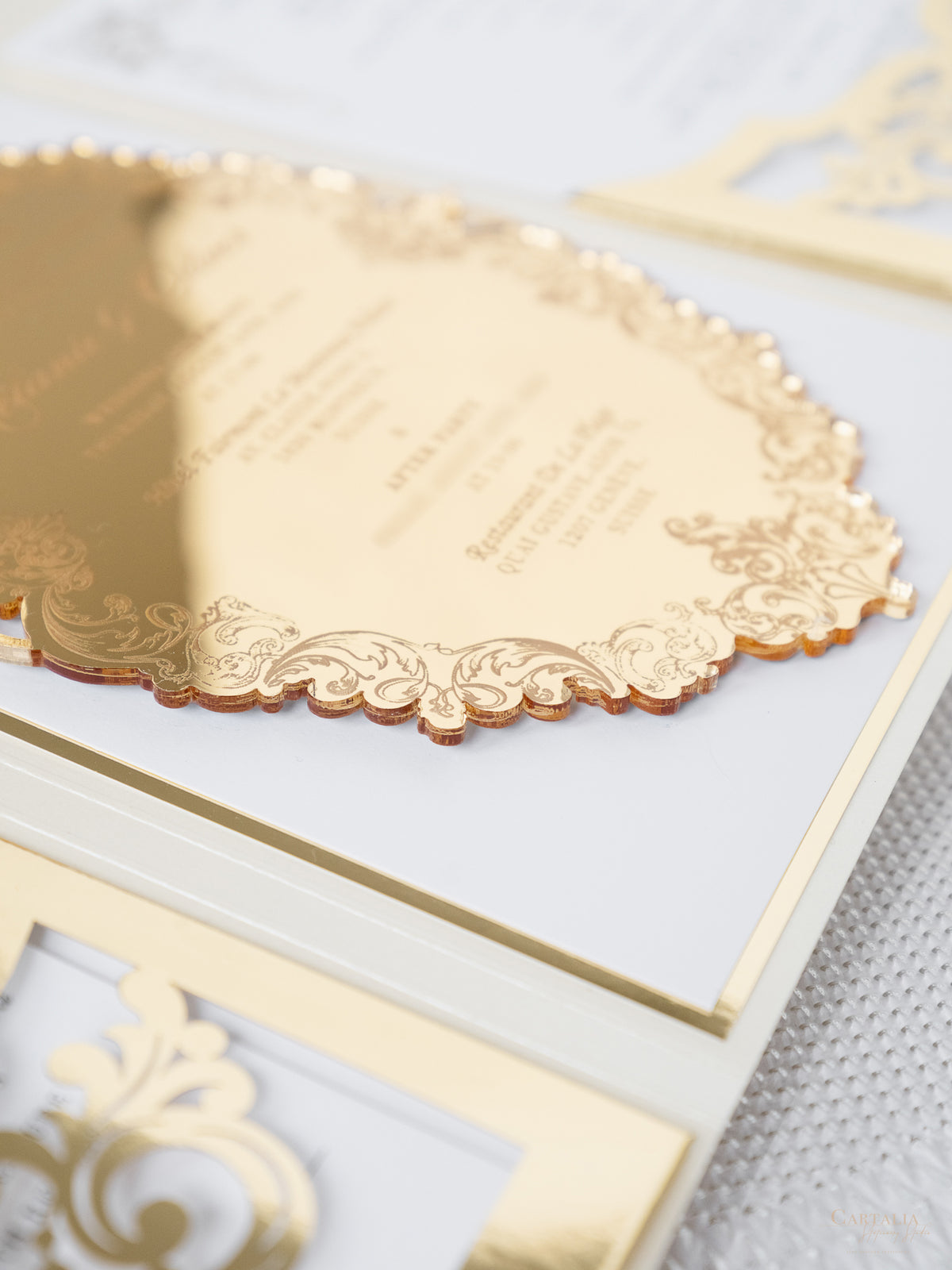 Luxury Gold Mirror & Champagne Boxed Invitation Suite with Venue Sketch in Foil | Bespoke Commission M&O