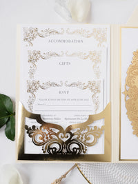 Luxury Gold Mirror & Champagne Boxed Invitation Suite avec des esquisses de lieux en feuille | Commission sur mesure M&O