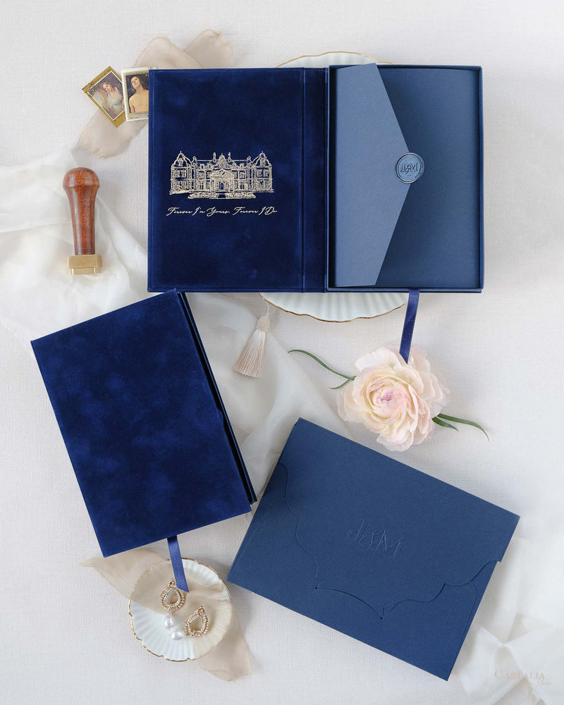 Luxury Velvet Hard Back Book & Box Pocket Invitation with Gold Foil Venue | Bespoke Commission J&M