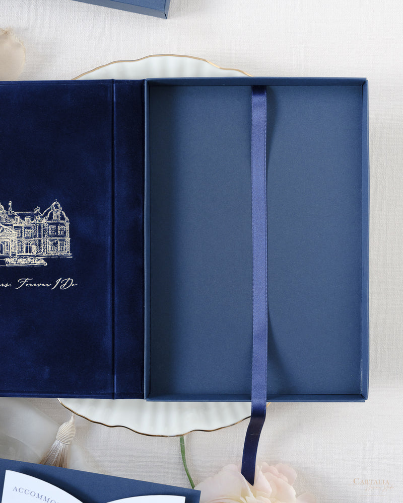 Libro di lusso con retro rigido in velluto e invito tascabile con scatola in lamina d'oro | Commissione su misura J&amp;M