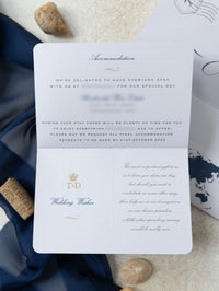 Navy Blue & Gold Travel Wallet: Luxury Wedding Passport Invite in Pocket & Mirror Tag Passport Invitation Suite