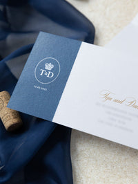 Navy Blue & Gold Travel Wallet: Luxury Wedding Passport Invite in Pocket & Mirror Tag Passport Invitation Suite