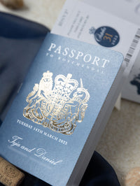 Navy Blue & Gold Travel Wallet : Luxury Wedding Passport Invite in Pocket & Mirror Tag Passport Invitation Suite