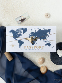 Cartera de viaje azul marino y dorada: invitación de pasaporte de boda de lujo en suite de invitación de pasaporte con etiqueta de bolsillo y espejo