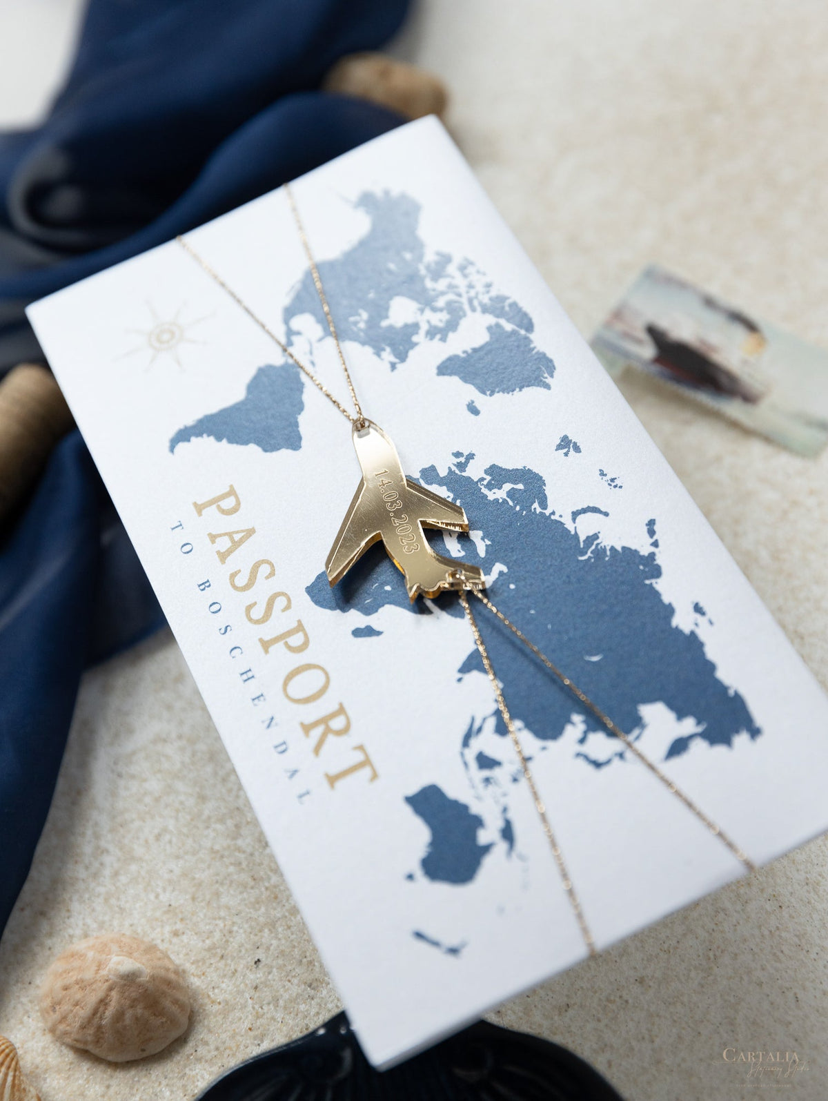 Navy Blue & Gold Travel Wallet: Luxury Wedding Passport Invite in Pocket & Mirror Tag Passport Invitation Suite