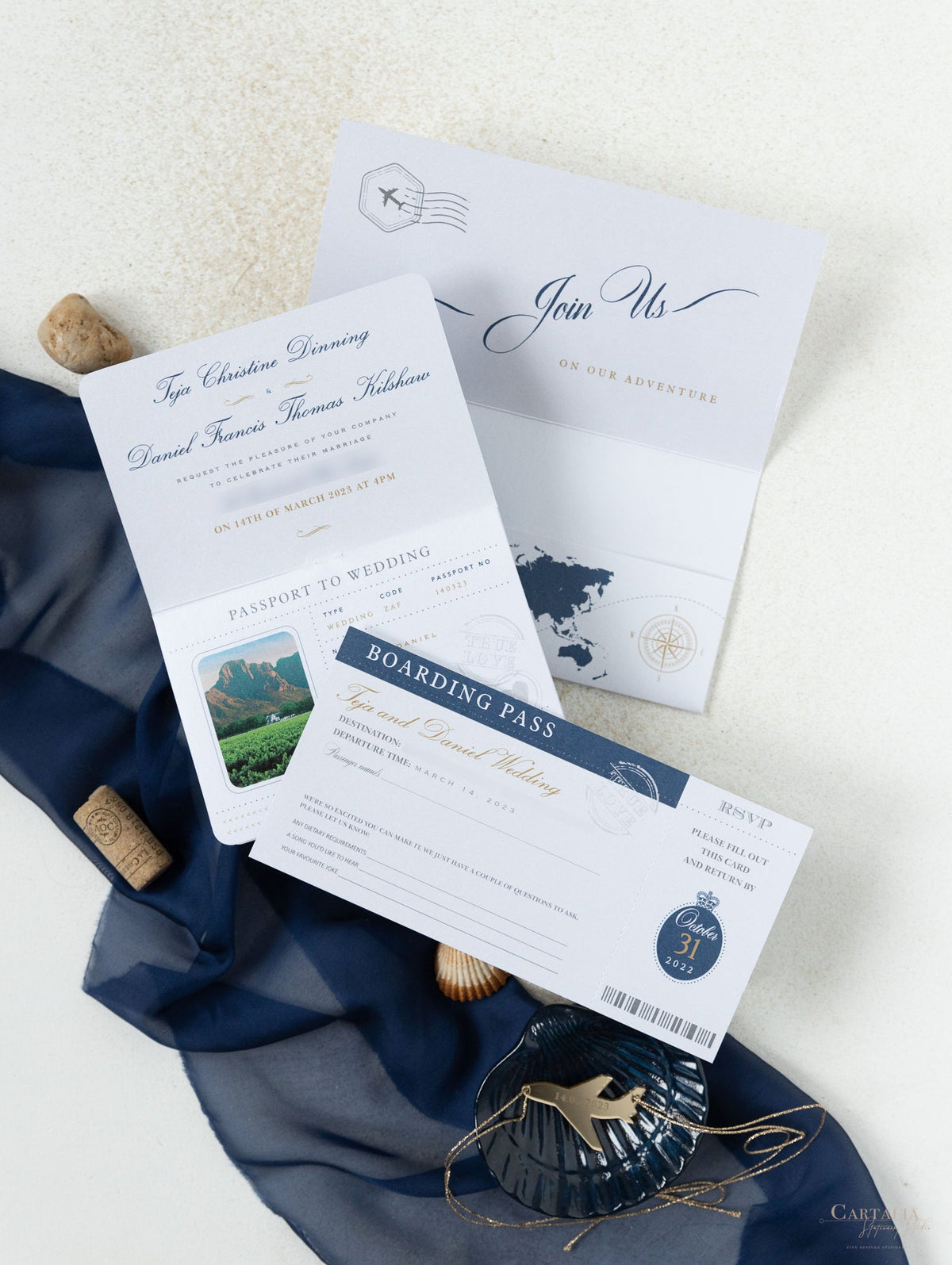 Navy Blue & Gold Travel Wallet: Luxury Wedding Passport Invite in Pocket & Mirror Tag Passport Invitation Suite