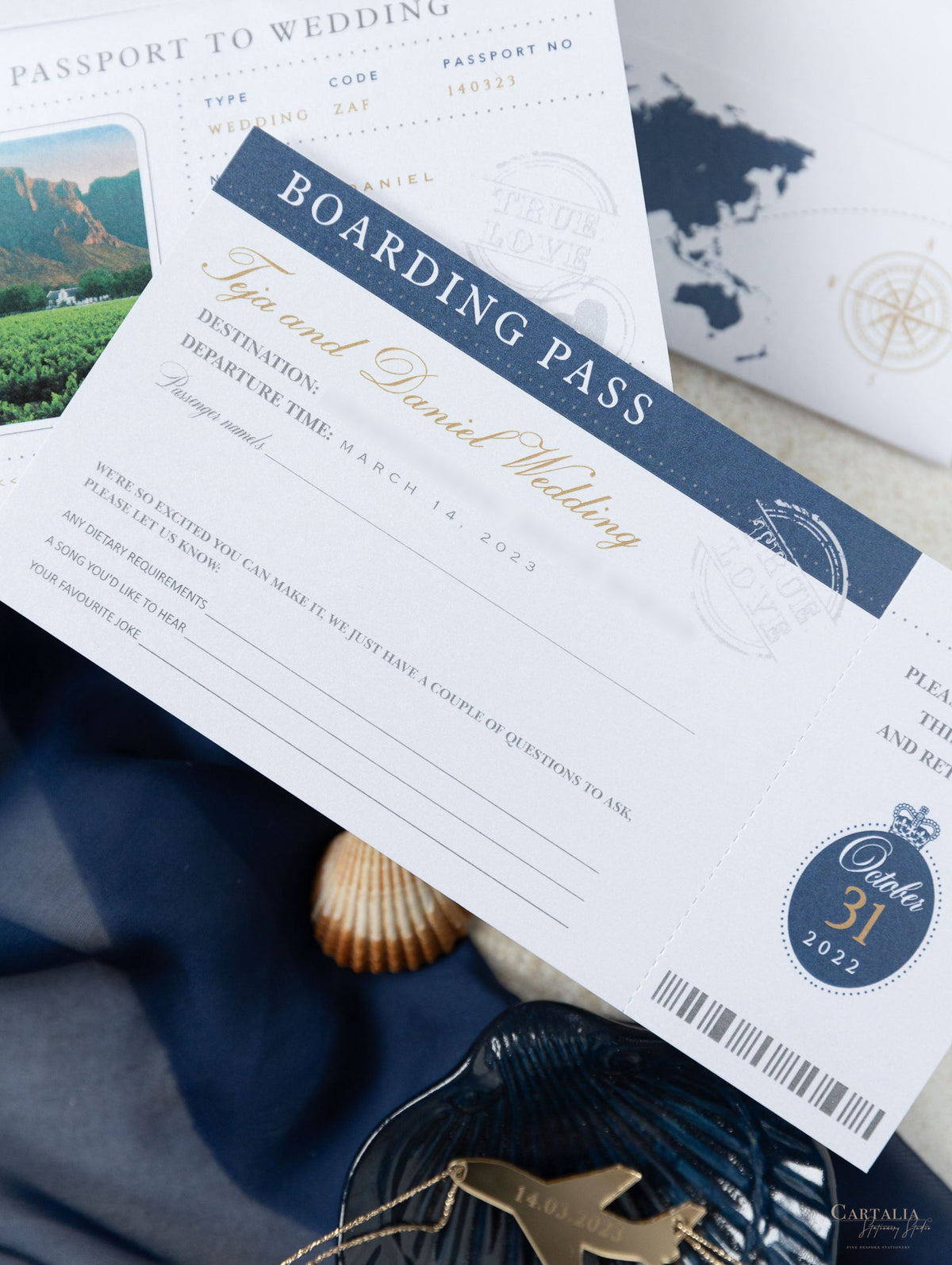 Navy Blue & Gold Travel Wallet: Luxury Wedding Passport Invite in Pocket & Mirror Tag Passport Invitation Suite