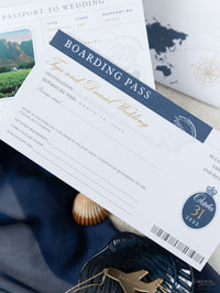 Navy Blue & Gold Travel Wallet : Luxury Wedding Passport Invite in Pocket & Mirror Tag Passport Invitation Suite