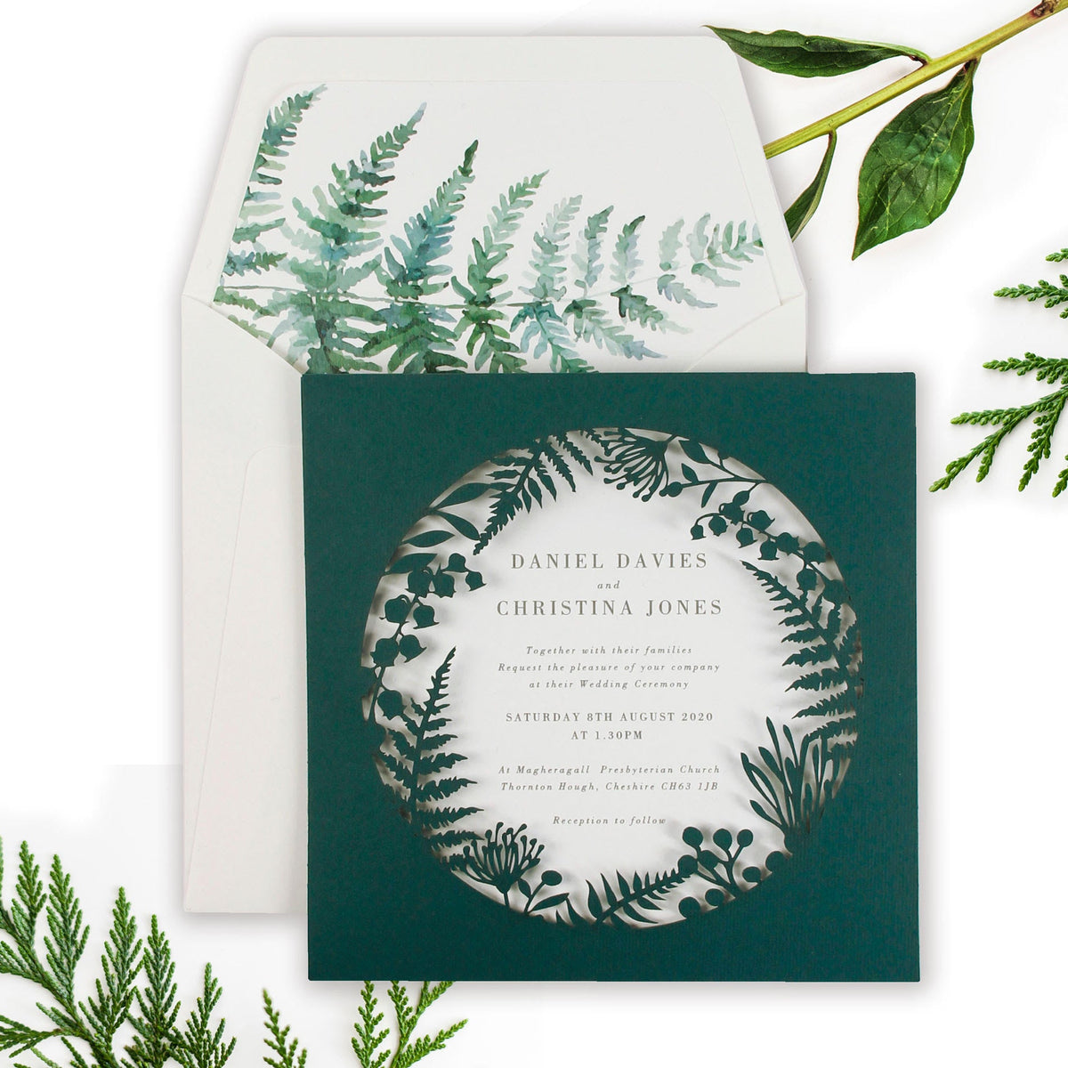 Fern Circle Intricate Foliage & Flowers Laser Cut Pocket Design with Watercolours.