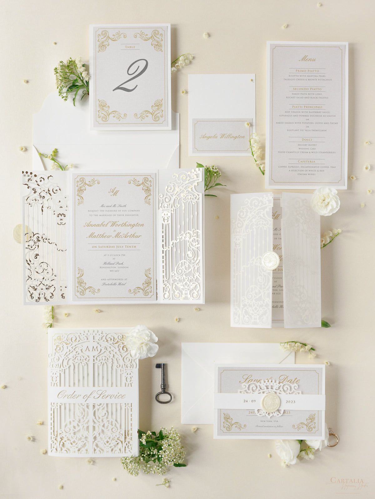 Luxury Venue Inspired Ornamental Gate Laser Cut Day Invitation with Vellum with Wax Seal