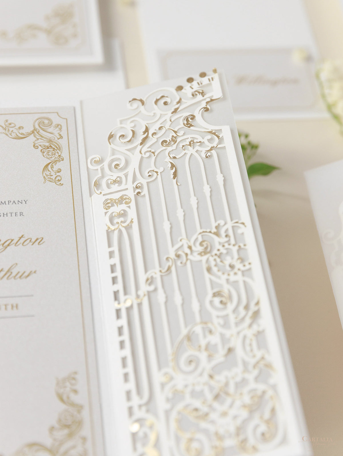 Luxury Venue Inspired Ornamental Gate Laser Cut Day Invitation with Vellum with Wax Seal