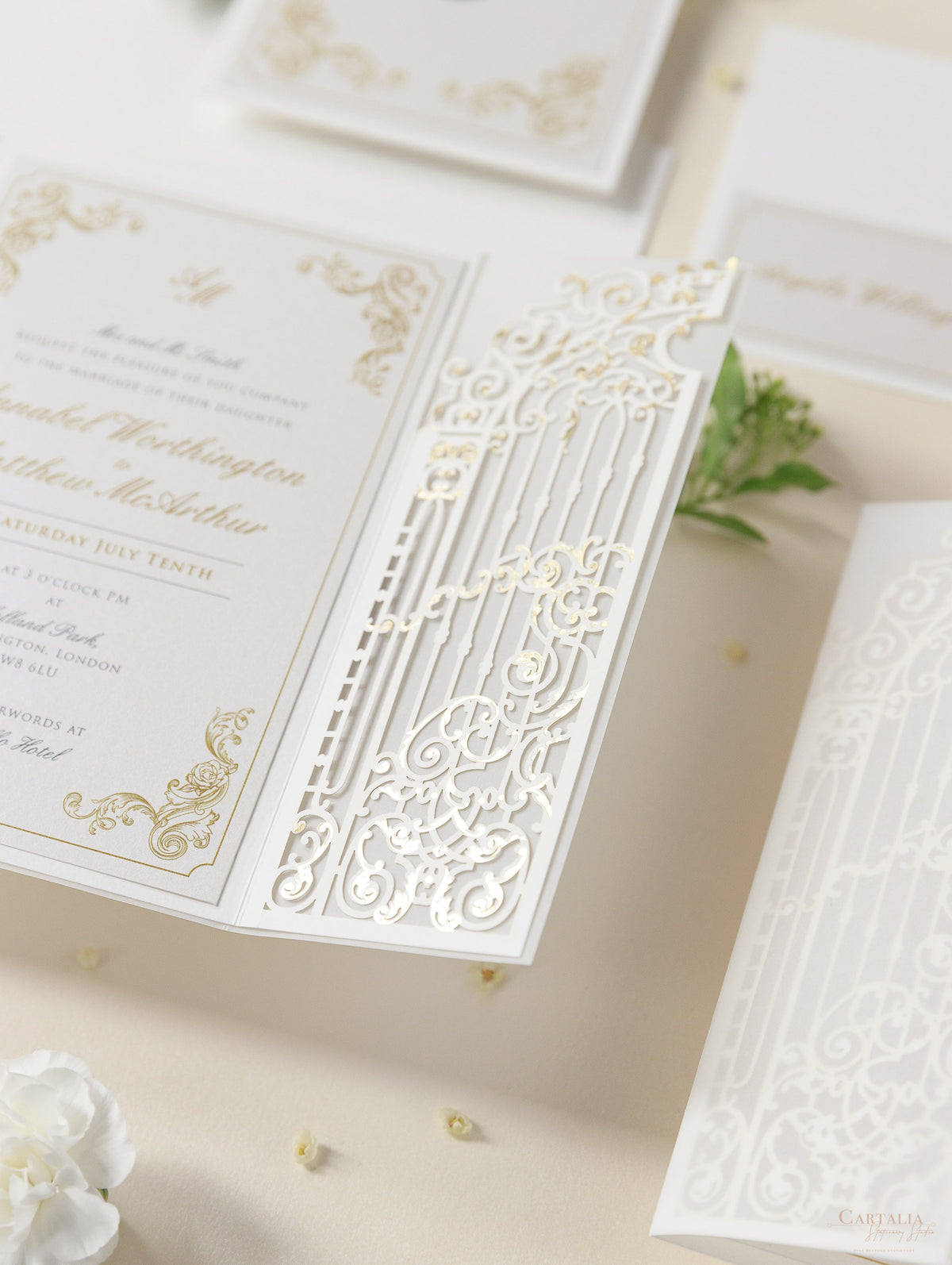 Luxury Venue Inspired Ornamental Gate Laser Cut Day Invitation with Vellum with Wax Seal