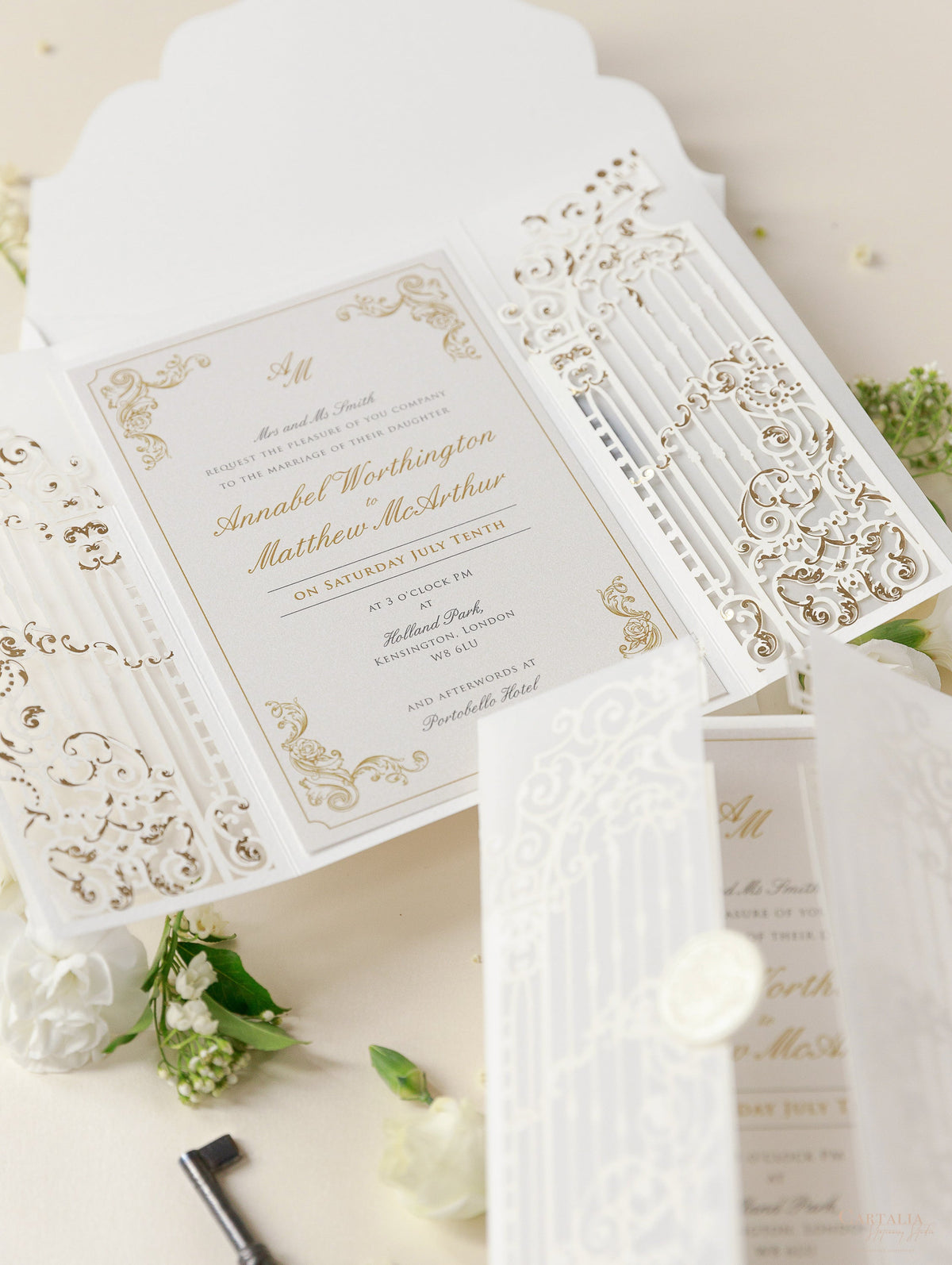 Luxury Venue Inspired Ornamental Gate Laser Cut Day Invitation with Vellum with Wax Seal