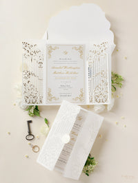 Luxury Venue Inspired Ornamental Gate Laser Cut Day Invitation with Vellum with Wax Seal