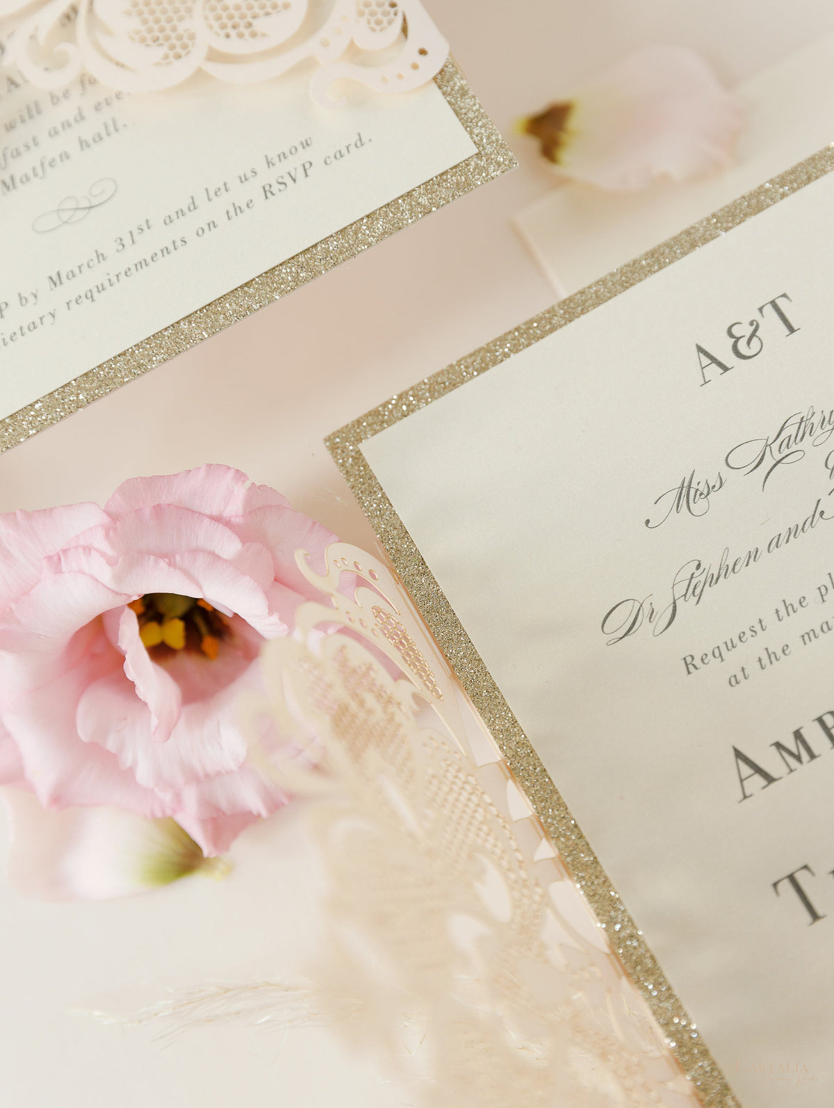 Invitation à cravate de ruban de collecte de l'opulence métallique de rose poussiére avec bordure de paillettes en or