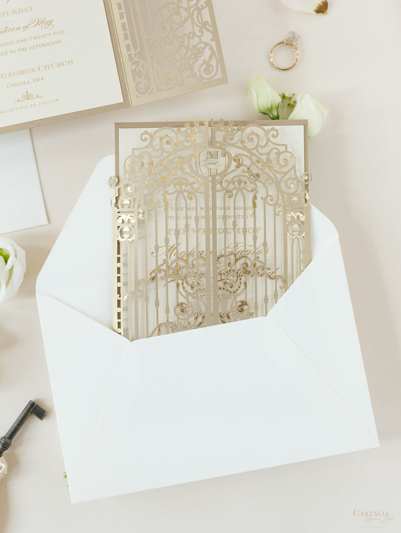 Luxury Foil Golden Ornamental Gate Laser Cut Wedding Day Invitation with Gold Foil Modern Calligraphy