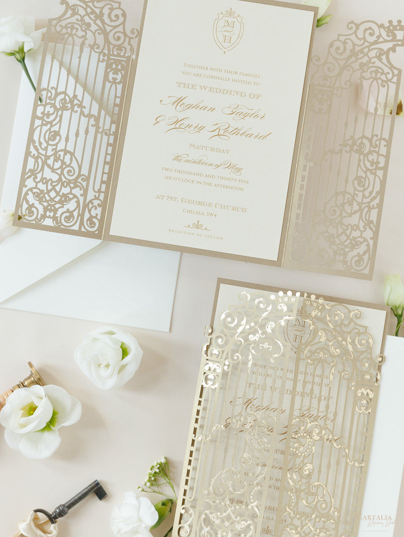 Luxury Foil Golden Ornamental Gate Laser Cut Wedding Day Invitation with Gold Foil Modern Calligraphy