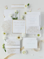 Luxury Old Gold Opulence Laser Cut Lace Pocketfold Wedding Invitation Suite with 3 Tier :  Guest Info & Travel & Rsvp Card