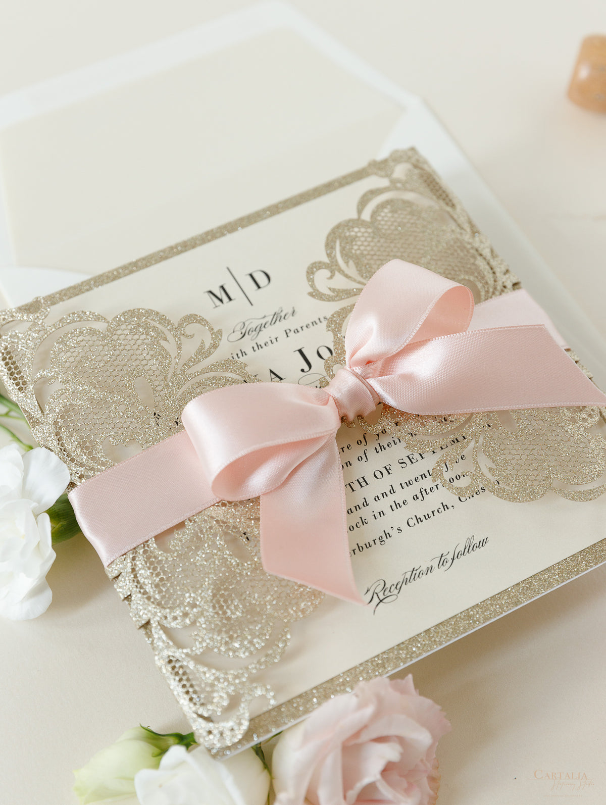 Deluxe Blush Satin Glitter Luxury Gatefold con buste foderate perlate 