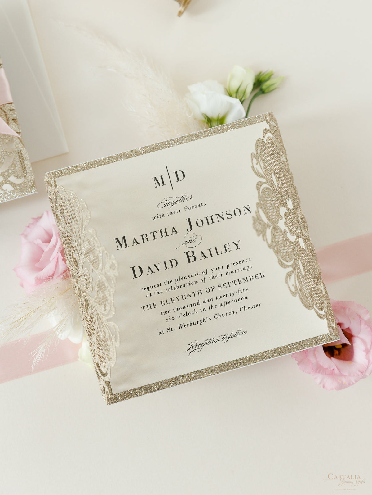 Deluxe Blush Satin Glitter Luxury Gatefold with Pearlised Lined Envelopes