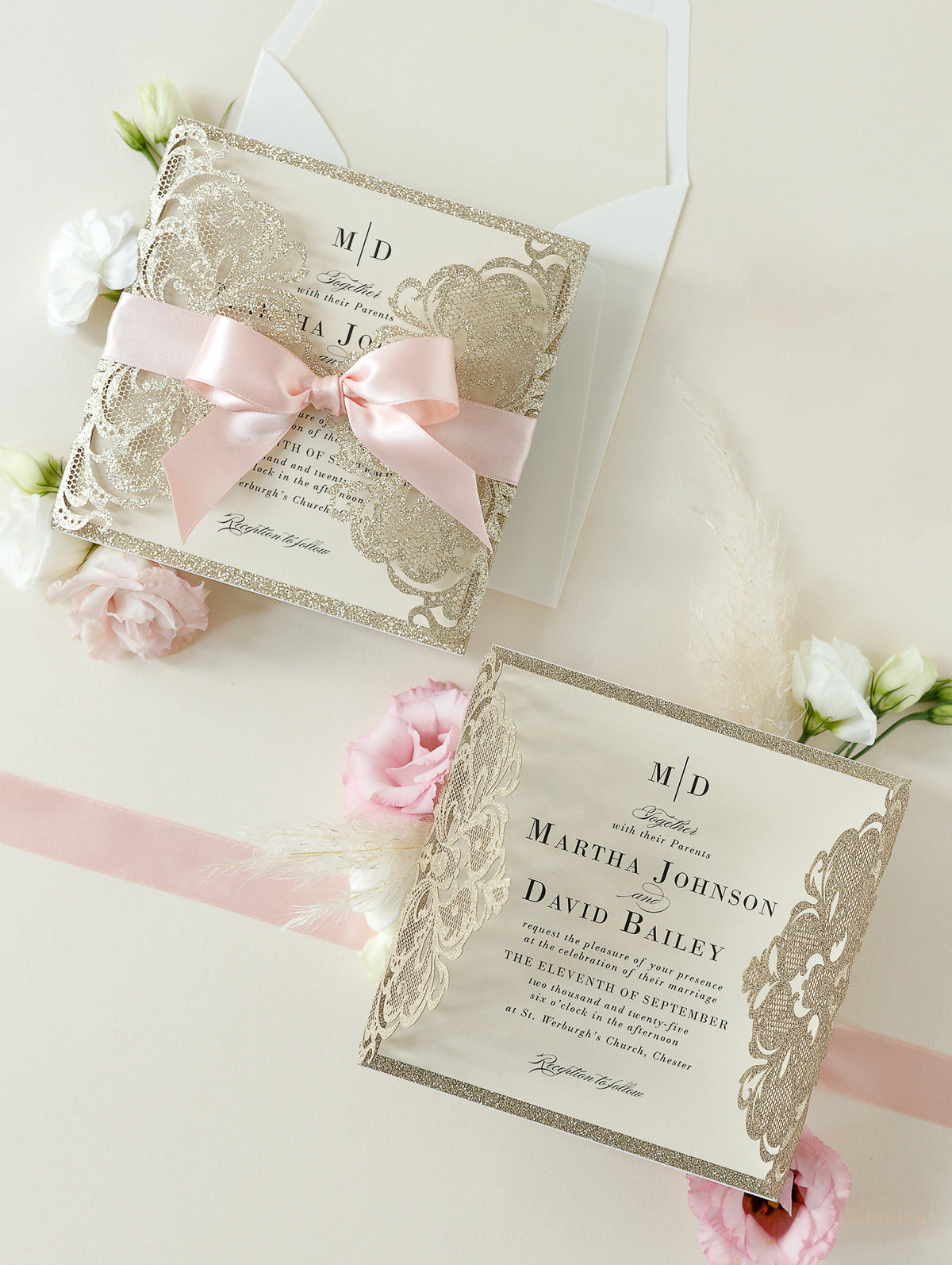 Deluxe Blush Satin Glitter Luxury Gatefold with Pearlised Lined Envelopes