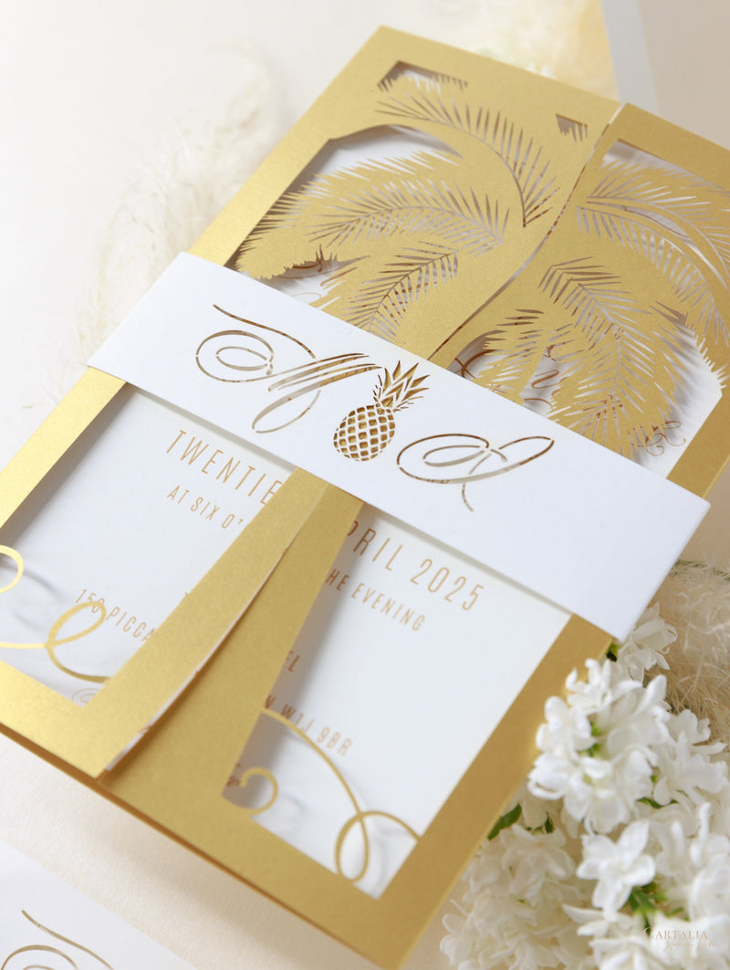 Palm Tree Leaves and Pineapple Laser Cut Tropical Destination Abroad Invitation