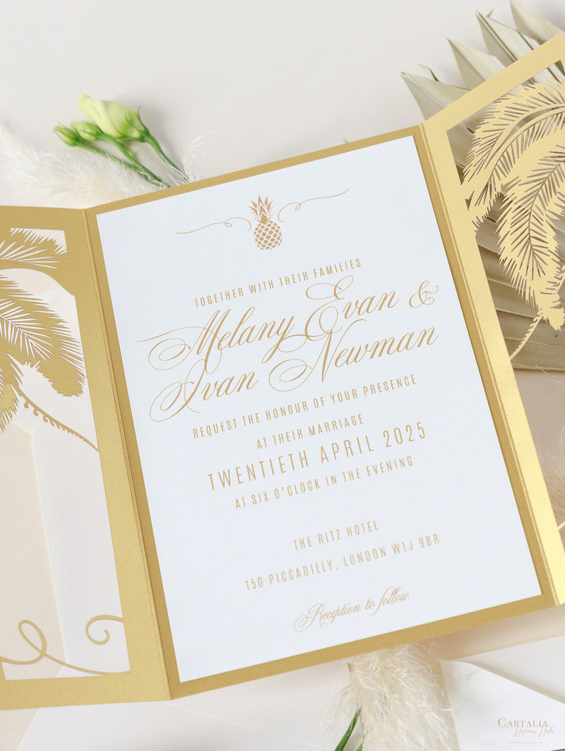Golden Moroccan Palm Tree Intricate Die- Cut Invitation Suite