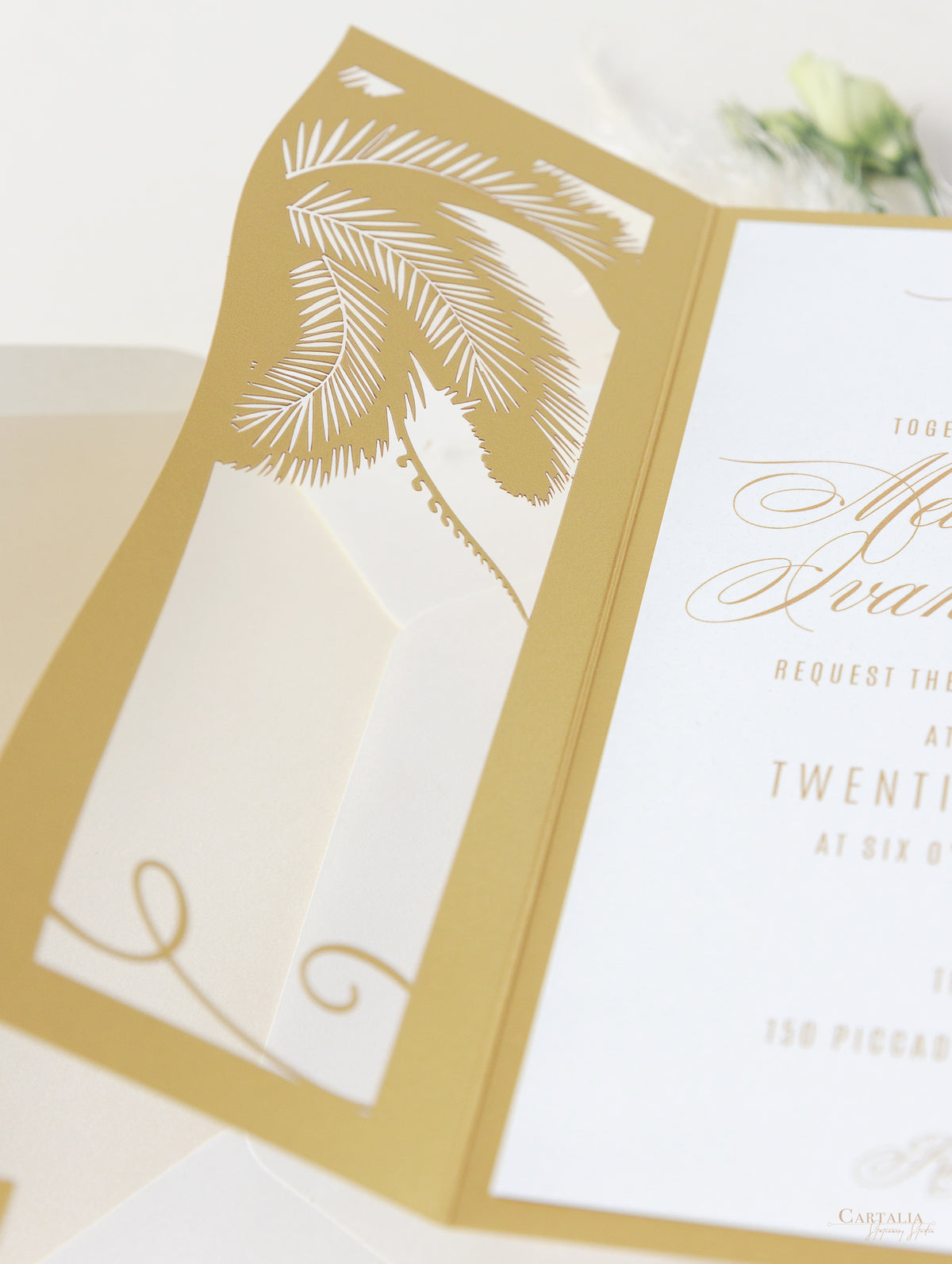 Golden Moroccan Palm Tree Intricate Die- Cut Invitation Suite