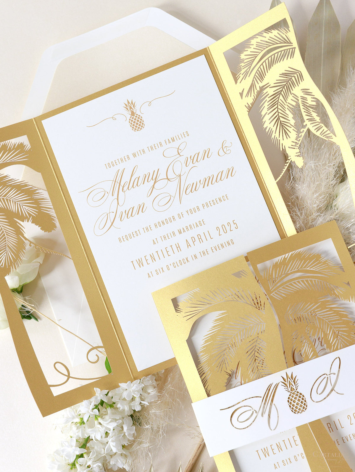 Golden Moroccan Palm Tree Intricate Die- Cut Invitation Suite