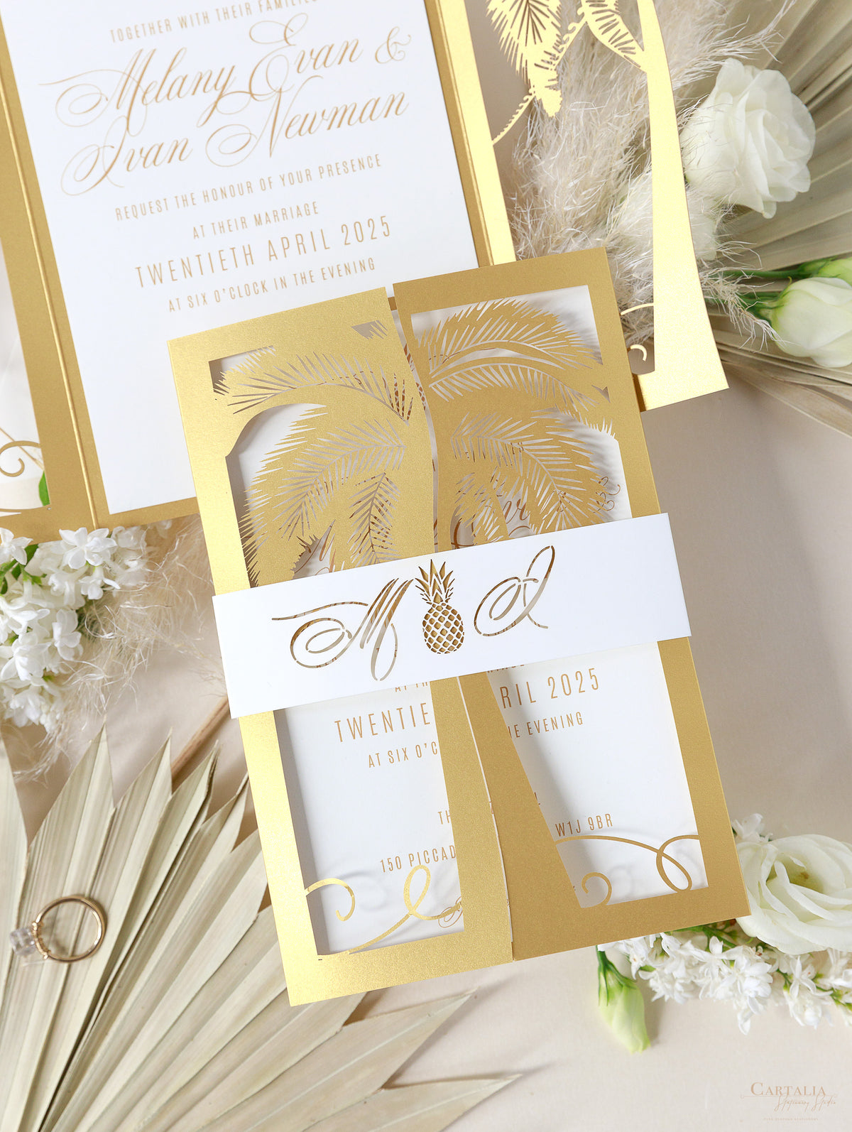 Golden Moroccan Palm Tree Intricate Die- Cut Invitation Suite