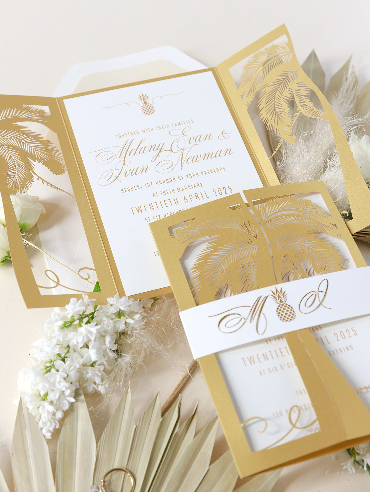 Golden Moroccan Palm Tree Intricate Die- Cut Invitation Suite