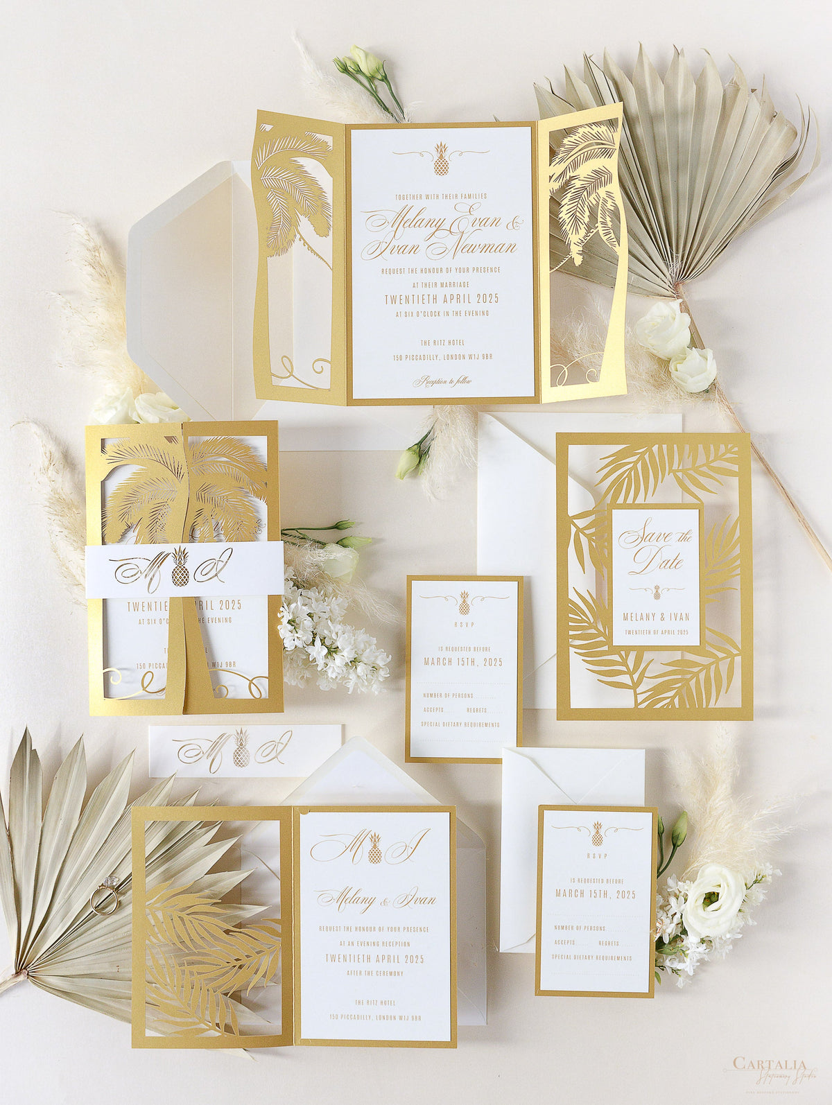 Golden Moroccan Palm Tree Intricate Die- Cut Invitation Suite