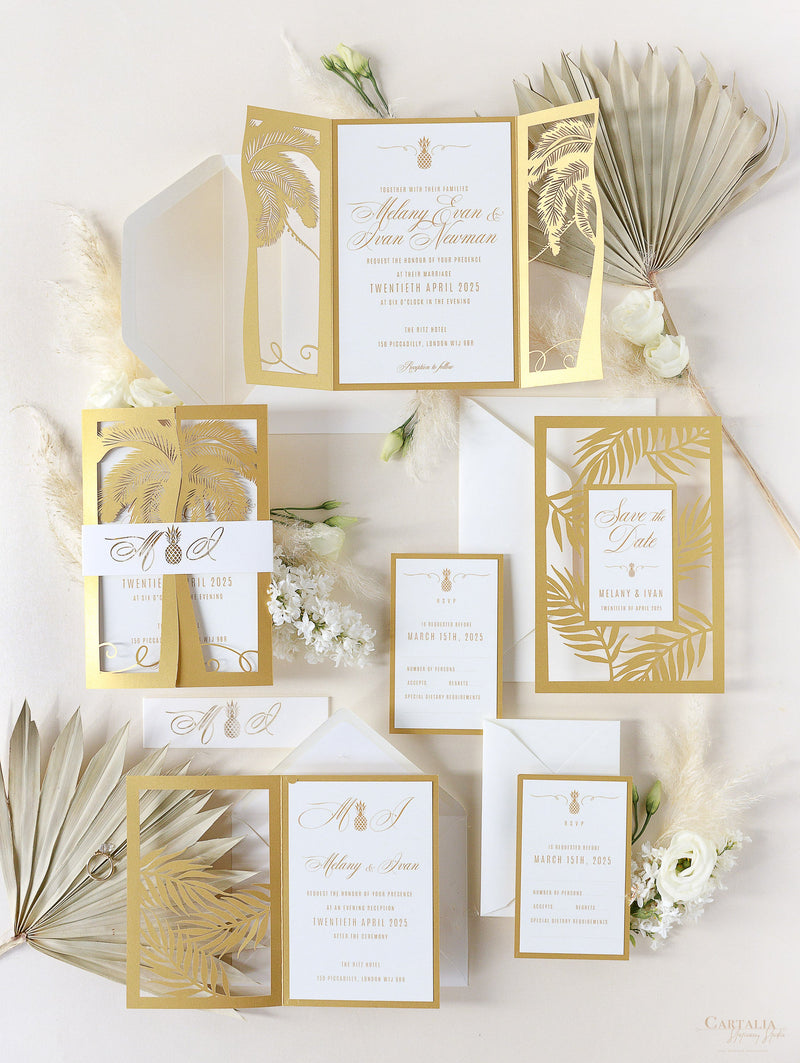 Golden Destination Beach Palm Tree SAVE the Date,  Laser Cut