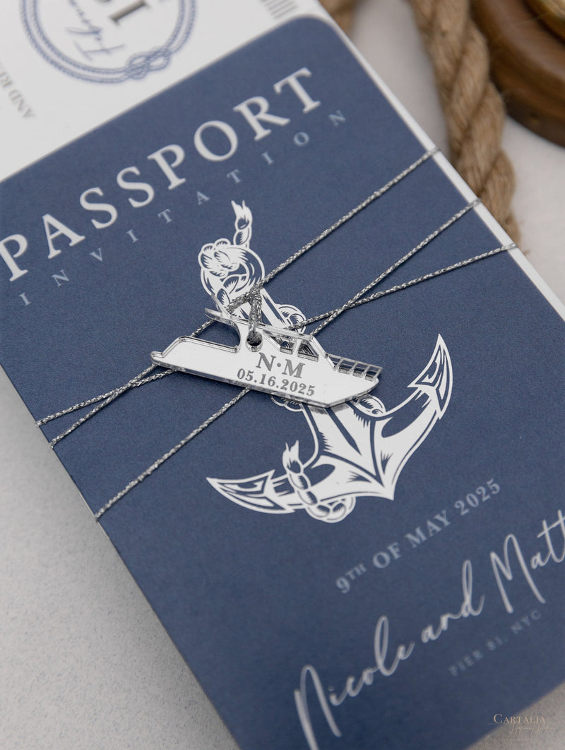 Nautical Wedding Passport Invitations with Silver Boat Tag & Anchor Foil