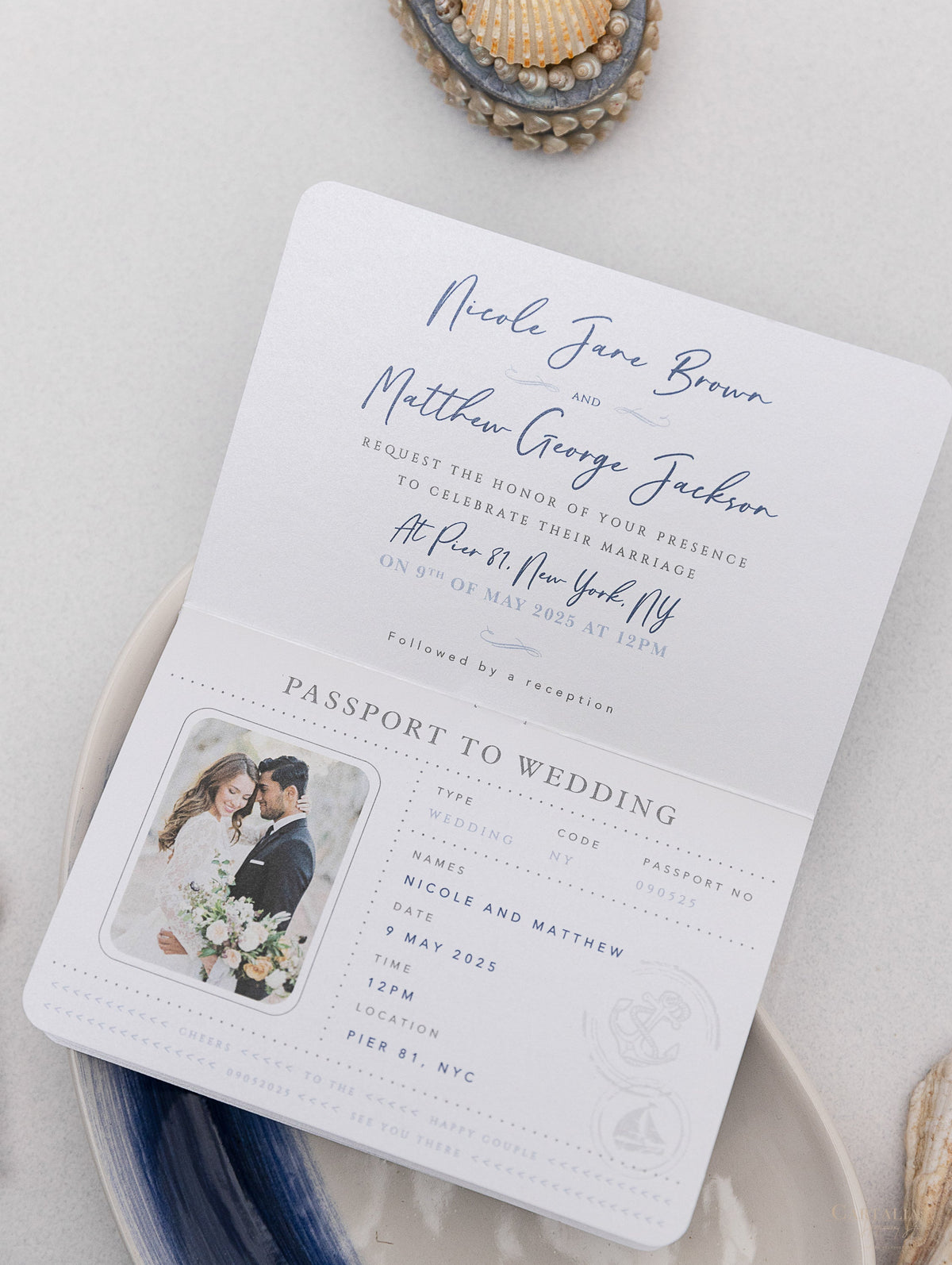 Nautical Wedding Passport Invitations with Silver Boat Tag & Anchor Foil