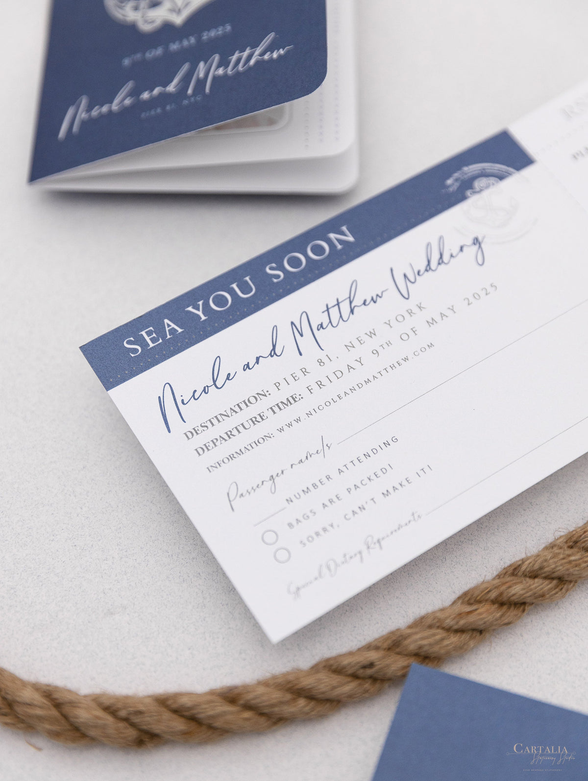 Nautical Wedding Passport Invitations with Silver Boat Tag & Anchor Foil