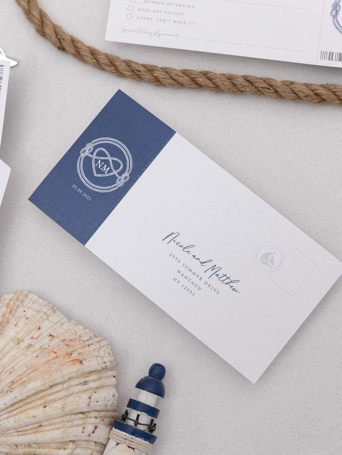 Nautical Wedding Passport Invitations with Silver Boat Tag & Anchor Foil